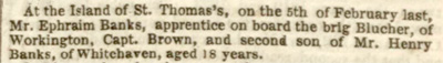 Ephraim Banks Obituary 1840